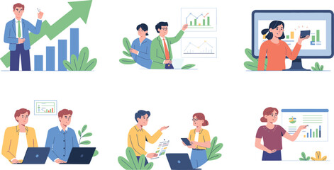 Business analytics illustration set showing financial growth charts, team collaboration, data analysis, corporate reporting, flat vector design concept