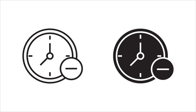 Outline clock icon with minus symbol representing time reduction, limited time, deadline adjustment, schedule decrease, or cancellation concept. Minimal black vector isolated on white background.