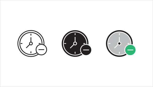 Outline clock icon with minus symbol representing time reduction, limited time, deadline adjustment, schedule decrease, or cancellation concept. Minimal black vector isolated on white background.