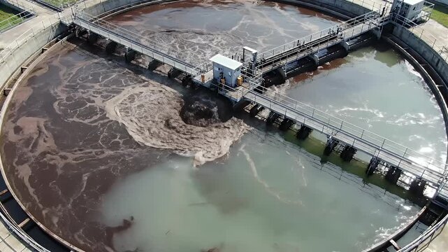 Aerial view of industrial water treatment basin with swirling brown and clear liquids