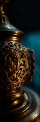 Gilded filigree on tarnished brass, a whispering echo of past opulence, caught in a sliver of illumination, brass,  detail