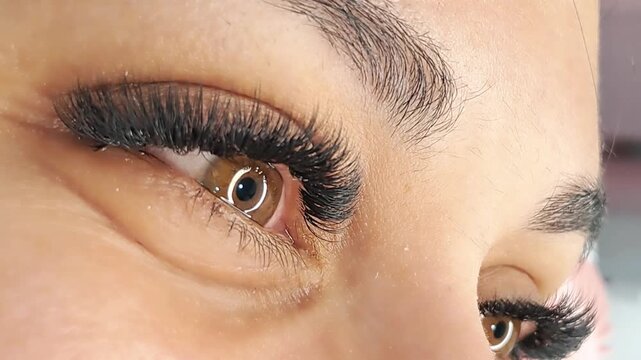 Close up of female eye with eyelash extensions ,eyelash extension procedure.2d volume, 3d volume, classical lashes,Russian volume,mega volume, new set.