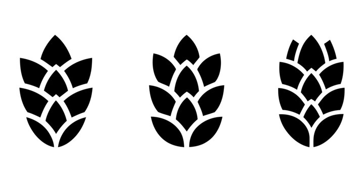 Black hop flower silhouette icons for craft beer design. set of leaves