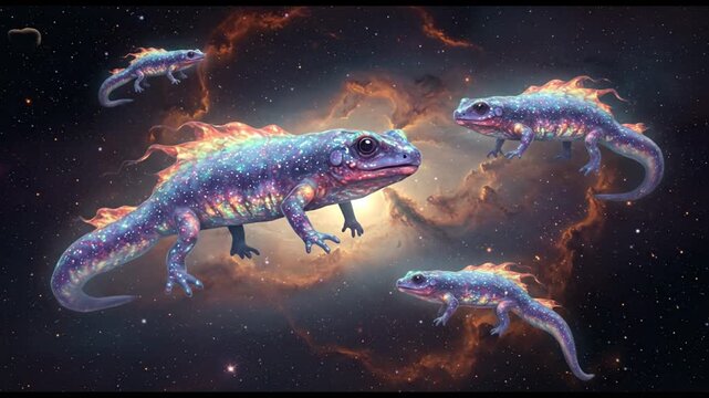 A group of colorful, glowing salamanders in space