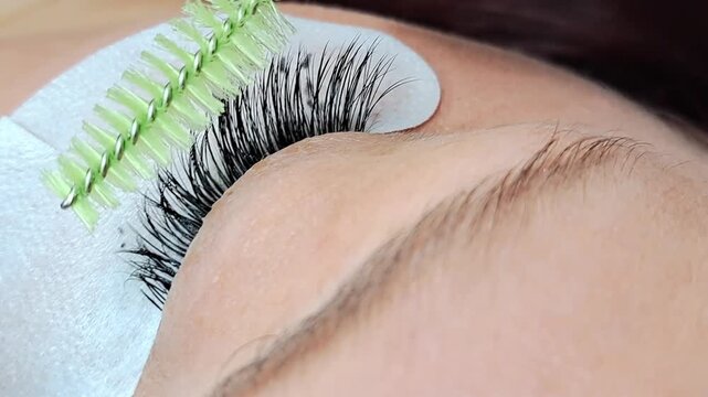 Close up of female eye with eyelash extensions ,eyelash extension procedure.2d volume, 3d volume, classical lashes,Russian volume,mega volume, new set.