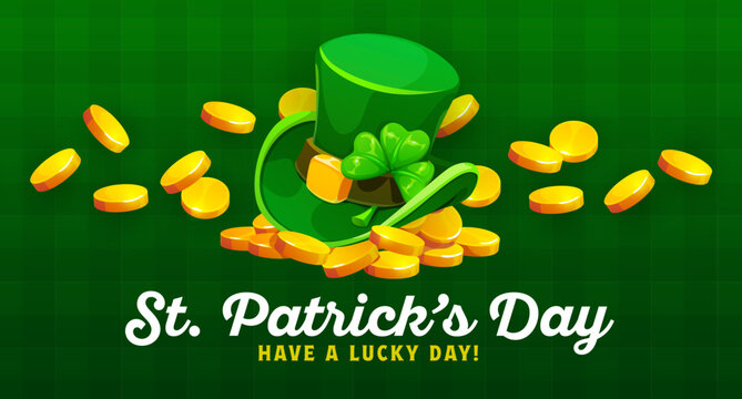 Happy St Patrick's day banner with golden coins and leprechaun hat. Saint Patrick holiday vector greeting card, Irish festival poster or flyer with top hat, leprechaun gold and handwritten typography