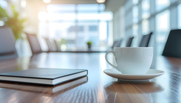 Bright and contemporary conference room setup with a warm coffee cup and a neat notebook on a polished wooden table, ready for a successful business meeting