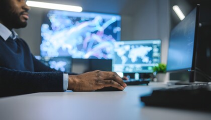 Fototapeta premium Cybersecurity professional analyzing complex data on multiple computer screens in a dimly lit control room