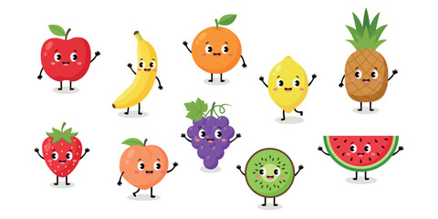 Obraz premium Cute cartoon fruit characters set with funny faces for kids education