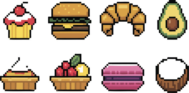 Pixel art food icons set of cupcake burger croissant avocado pie tart macarons coconut
