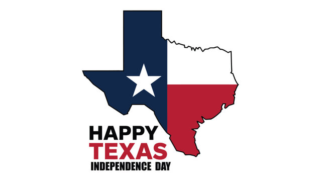"Texas Independence Day design with Texas state shape filled with flag colors and star, bold celebratory text commemorating March 2, 1836 event"