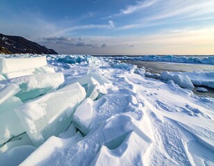 Snowy shoreline with fractured ice formations under a partly cloudy, bright sky