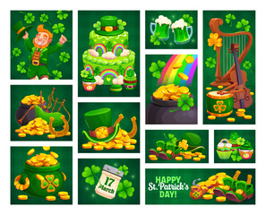 Fototapeta premium St Patrick's day holiday collage or banners. Saint Patrick day celebration, Ireland holiday greeting card or banner with golden coins, cake, musical instruments and leprechaun hat, shoes, smoking pipe