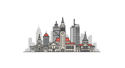 Obraz premium Minimalist city skyline vector illustration with modern skyscrapers and classic buildings, urban landscape design element