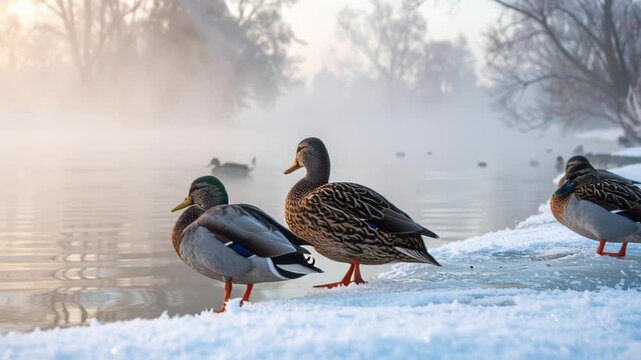 Mallard Ducks Standing on Snowy Riverbank in Misty Winter Morning