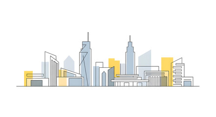 Fototapeta premium Modern Minimalist City Skyline Line Art Illustration. Urban cityscape with abstract buildings and subtle color accents.