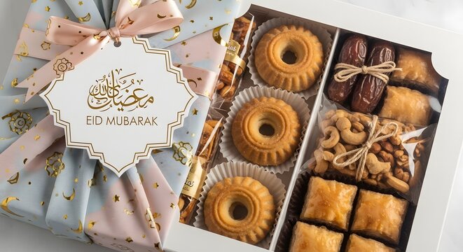 Elegant Eid Mubarak gift box with assorted cookies dates and nuts wrapped in pastel fabric and ribbon