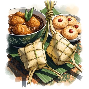 Illustrated Eid al-Fitr feast: ketupat bundles, semur daging bola-bola in rich sauce, nastar pineapple cookies on banana leaf & batik mat. Selamat Hari Raya Idul Fitri festive vector art