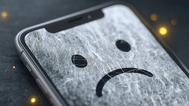 Cyberbullying concept with cracked phone screen and sad reflection