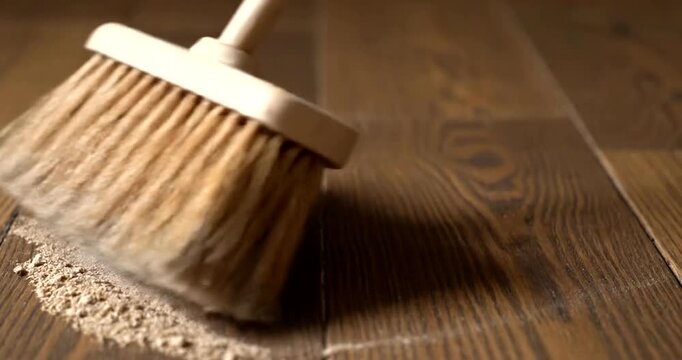 Sweeping Dust with a Broom on Wooden Floor.