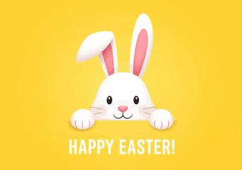 Fototapeta premium Happy easter with white bunny on yellow background