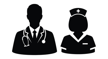 A black silhouette of a doctor and nurse stands side by side representing healthcare professionals on transparent background high quality professional detailed modern © mrvect02