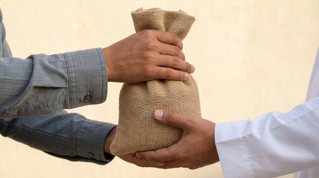 Ramadan charity: Saudi man giving coin for zakat