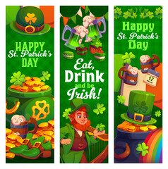 Happy St Patrick day banners set. Vector festive vertical greeting cards with cheerful cartoon leprechaun, top hat, pot of gold, clover, shoes, mug and cupcakes on green backgrounds with lucky symbols © Vector Tradition