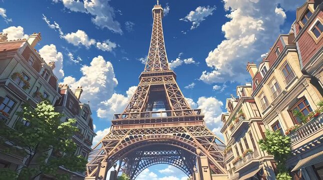 Animated Anime Eiffel Tower Cityscape With Blue Sky Clouds and Urban Buildings