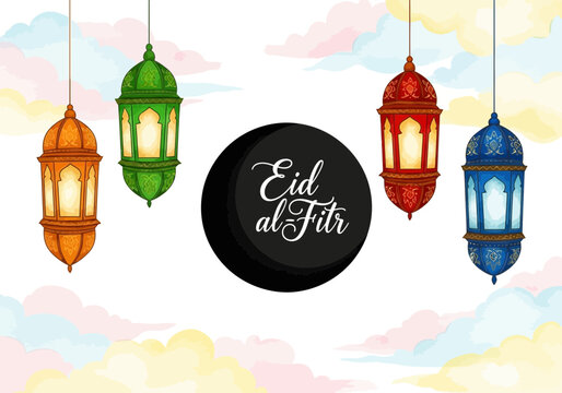 Eid al fitr celebration with colorful lanterns and clouds