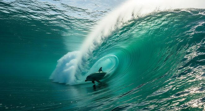 Surfer riding a large wave in the ocean with white spray.