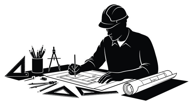 A detailed black silhouette of an architect working at a desk with tools on transparent background high quality professional modern elegant