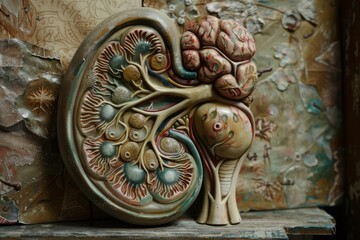 Detailed anatomical model of a human kidney illustrating the internal structure with nephrons and adrenal gland