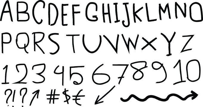 Handwritten alphabet and number set with punctuation marks