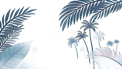 Fototapeta premium Minimalist Blue and White Tropical Palm Leaf Wallpaper and Botanical Coastal Wall Art Illustration 