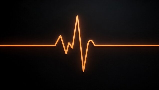 Vivid neon orange EKG heartbeat line pulsing against a stark black background symbolizing the continuous rhythm of life medical monitoring and the dynamic nature of cardiac health in a digital abstrac