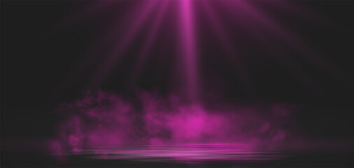Realistic pink smoke or haze, overlay overlay effect on a dark background, magic fog, vapor on floor. Abstract vector illustration © Elena