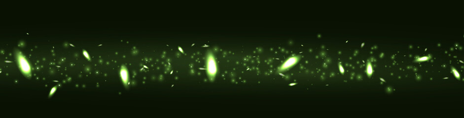 Green glow dots, particles, stars magic sparks. Dust cloud flare light effect. Green luminous points with smoke. Vector particles on black background © Elena