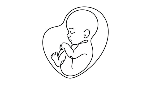  minimal line art illustration of unborn baby in womb symbolizing pregnancy, prenatal development, motherhood, healthcare and maternity concept isolated on white background