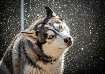 Slow-motion capture of a dog (like a Husky) shaking off water, every droplet frozen in mid-air, intense focused expression.