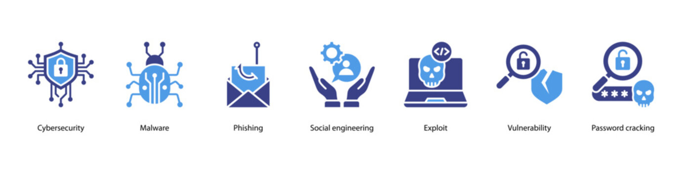 Cybersecurity Fundamentals web banner illustration featuring Cybersecurity, Malware, Phishing, Social engineering, Exploit, Vulnerability, and Password cracking.