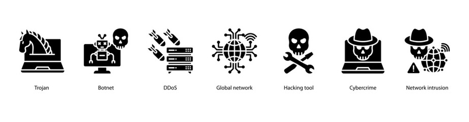 Cybercrime Attacks web banner illustration featuring Trojan, Botnet, DDoS, Global network, Hacking tool, Cybercrime, and Network intrusion. © Dewi Sari