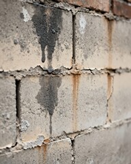 Obraz premium Close-up texture of a weathered brick wall with dark, damp stains and peeling paint, showing signs of age and decay, creating a rustic and distressed background., high resolution professional st siyam