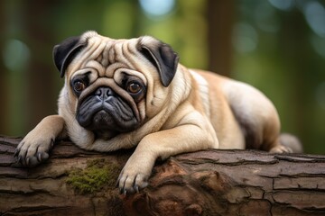 Obraz premium Pug dog lying on a mossy log in an outdoor natural setting