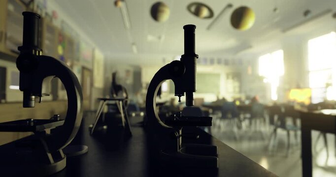 Empty science classroom features multiple microscopes on a worktable. Planetary models hang from the ceiling, with sunlight streaming through the windows, creating a warm atmosphere.