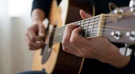 Obraz premium Person playing a acoustic guitar in a bright music studio or bedroom