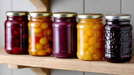Assorted fruit preserves in glass jars on wooden shelf