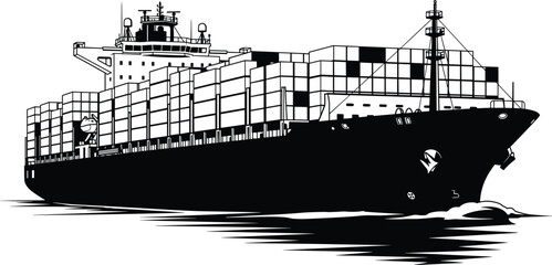 Large container ship sailing on ocean water, global maritime trade and logistics concept, black and white vector illustration, cargo vessel. © Shain