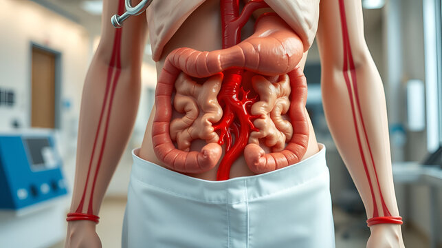 Asian doctor with rectum and hemorrhoid human anatomy model at hospital, inflamed vascular structure.