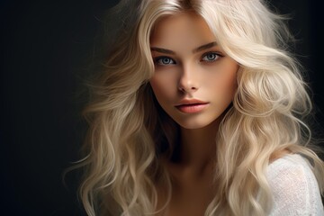 Naklejka premium Blonde woman posing for a close up portrait with long wavy hair and blue eyes